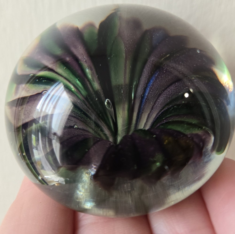 Kelly Glass Paperweight Sphere with Green and Purple "Flower"